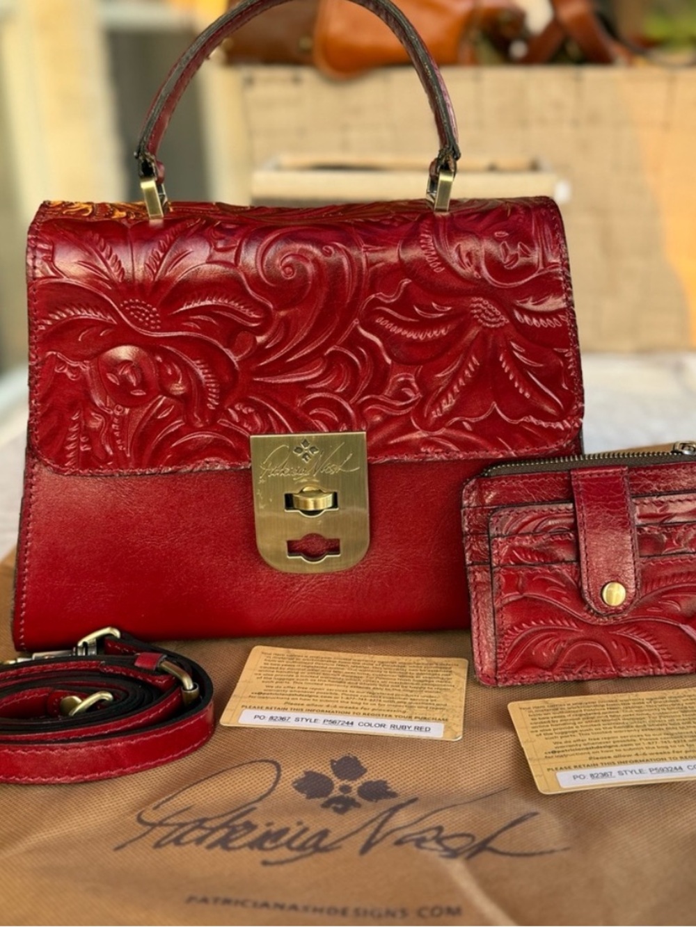 Patricia Nash Chauny Satchel Crossbody Ruby Red Tooled Wallet Dust Bag Set NEW